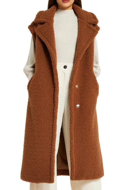 Shop River Island Long Boxy Faux Shearling Vest In Brown / Amber