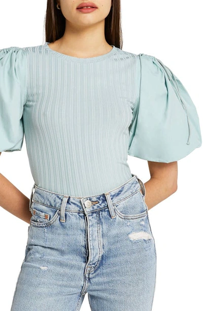 Shop River Island Puff Sleeve Top In Green - Light