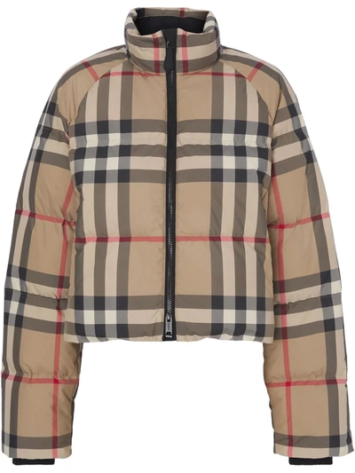 Shop Burberry Checked Cropped Puffer Jacket In Brown