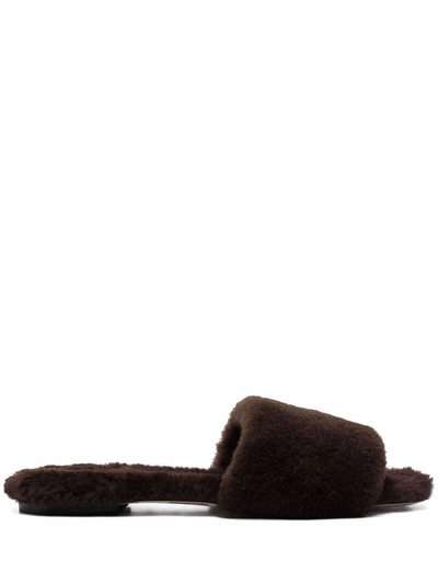 Shop Aeyde Anna Shearling Flat Sandals In Brown