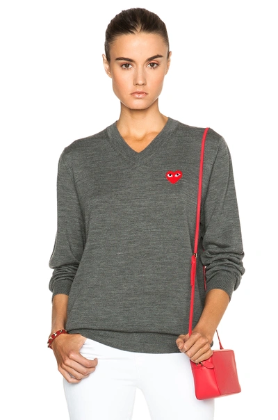 Shop Comme Des Garçons Play Wool Jersey Intarsia Red Emblem Sweater In Gray. In Top Grey