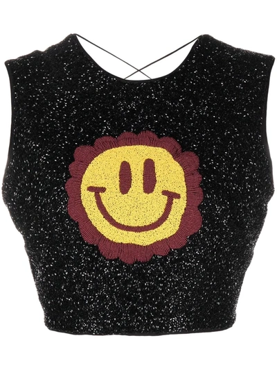 Shop Ganni Smiley-patch Sleeveless Crop Top In Black