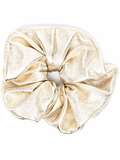 Shop Manokhi Metallic Ruched Leather Hair Scrunchie In Gold