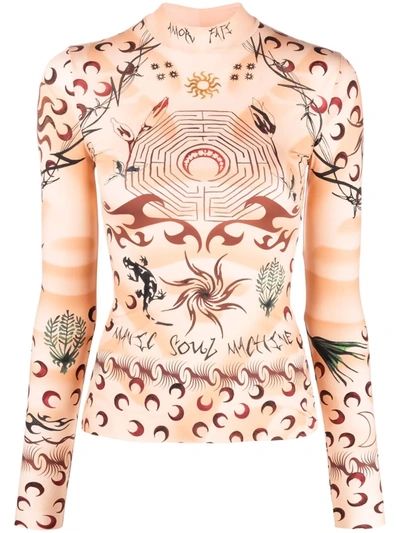 Shop Marine Serre Graphic-print Long-sleeved Top In Nude