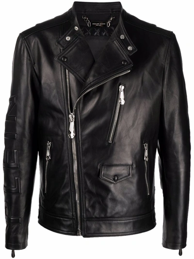 Shop Philipp Plein Leather Biker Jacket In Schwarz