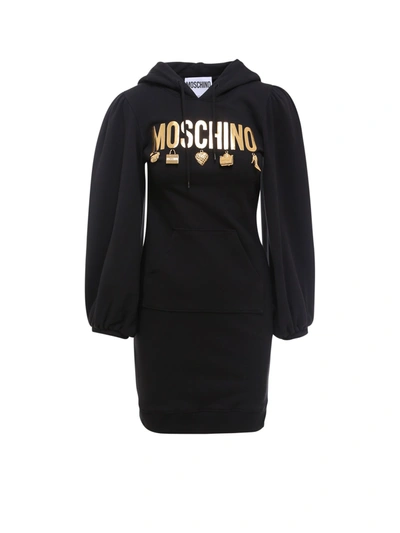 Shop Moschino Logo Printed Hooded Dress In Black