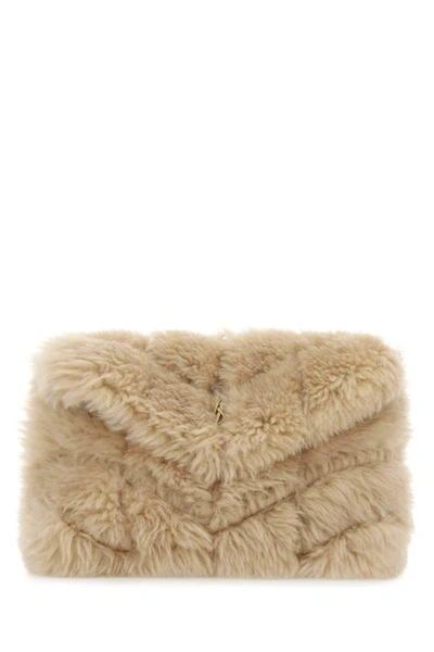 Shop Saint Laurent Puffer Shearling Small Pouch In Beige