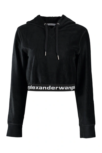 Shop Alexander Wang T T By Alexander Wang Logo Cropped Corduroy Hoodie In Black