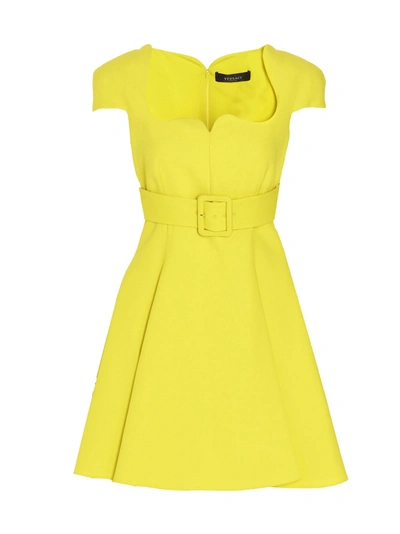 Shop Versace Sweetheart Neck Flared Mini Dress In Yellow