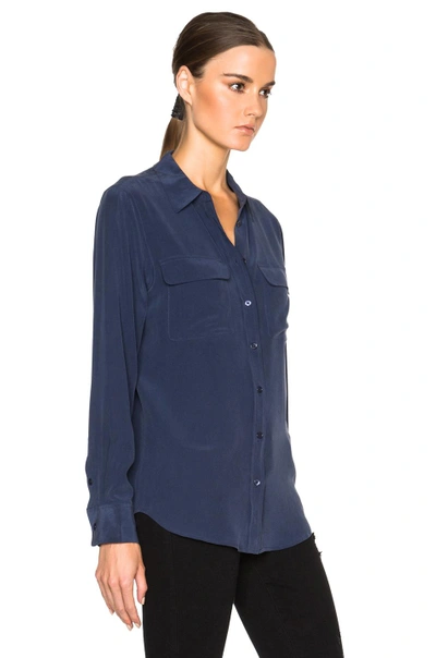 Equipment Slim Signature Short Sleeve Silk Shirt In Peacoat