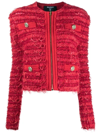 Shop Balmain Buttoned Tweed Jacket In Red