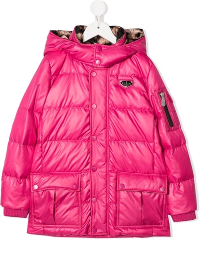 Shop Philipp Plein Junior Satin Logo-patch Hooded Padded Jacket In Pink