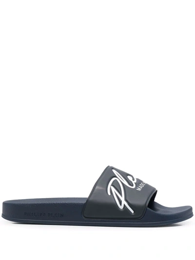 Shop Philipp Plein Embossed Logo Slides In Blue