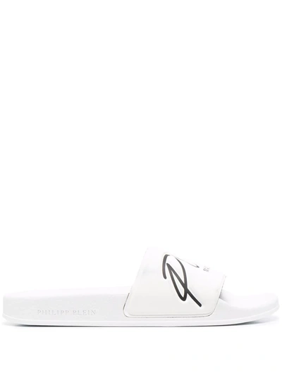 Shop Philipp Plein Embossed Logo Slides In White