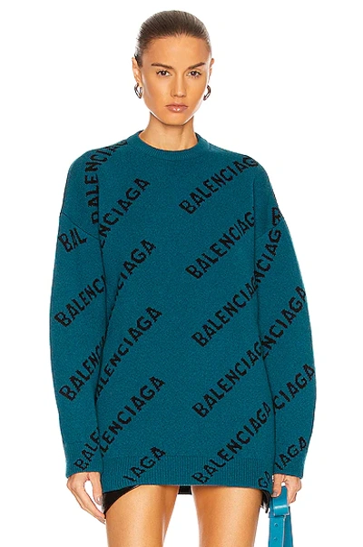 Shop Balenciaga Long Sleeve Crewneck Sweater In Petrol Blue & Black