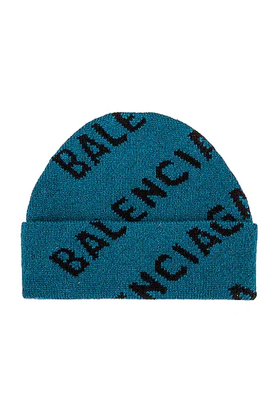 Shop Balenciaga All Over Logo Beanie In Petrol Blue & Black