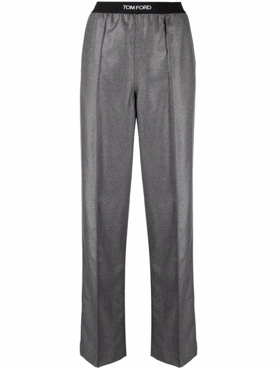 Shop Tom Ford Logo-waistband Straight Trousers In Grau