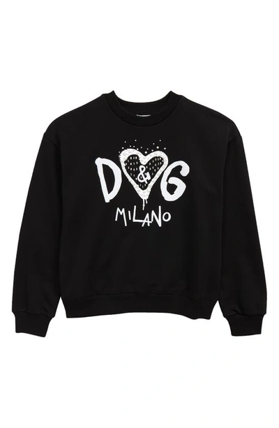 Shop Dolce & Gabbana Kids' Heart Logo Imitation Pearl Embellished Cotton Sweatshirt In Black Print