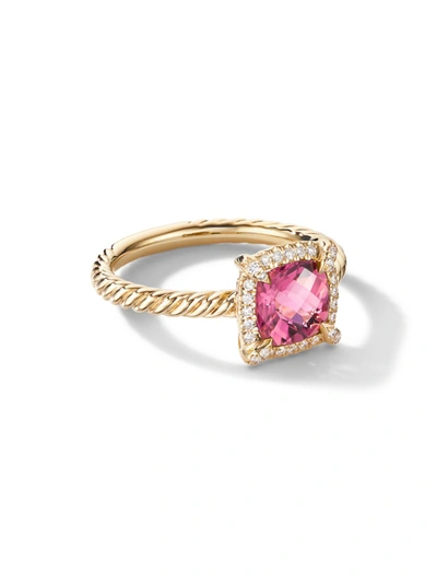 Shop David Yurman Women's Petite Châtelaine Pavé Bezel Ring In 18k Yellow Gold With Gemstone In Pink Tourmaline