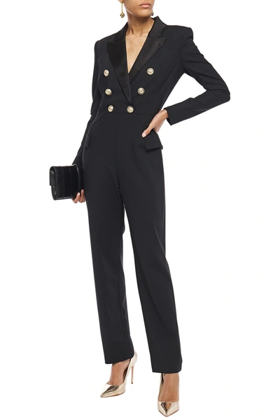 Shop Balmain Satin-trimmed Button-embellished Wool-blend Cady Jumpsuit In Black