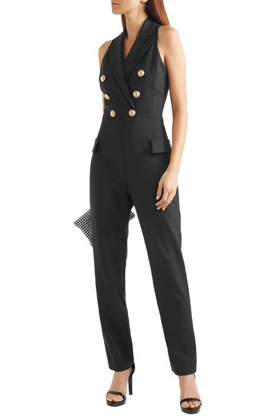 Shop Balmain Button-embellished Wool-blend Jumpsuit In Black