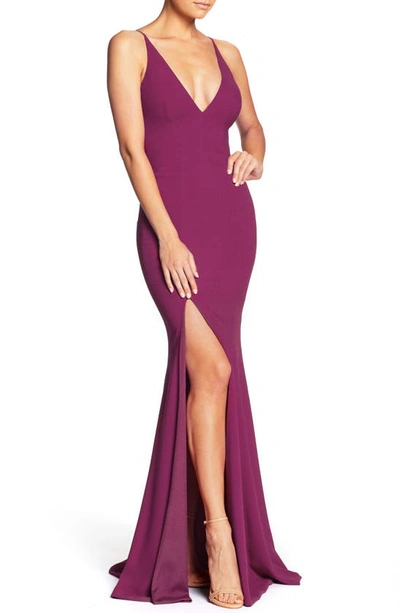 Dress The Population Iris Slit Crepe Gown In Dark Magenta