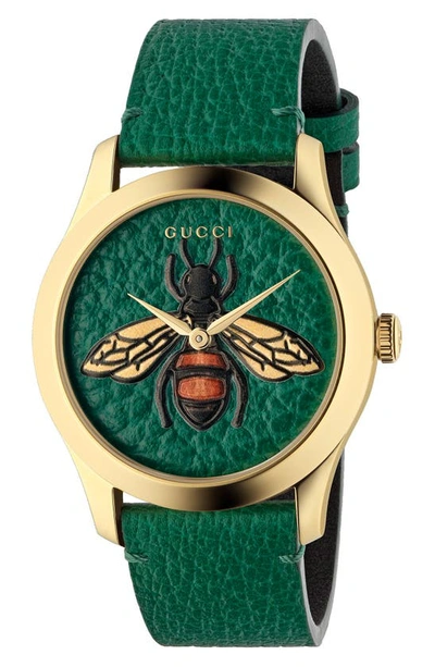 Shop Gucci G-timeless Leather Strap Watch, 38mm In Green/ Gold