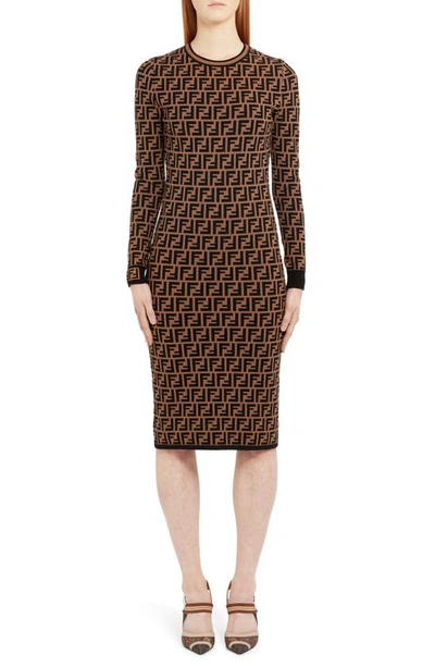 Shop Fendi Long Sleeve Logo Jacquard Wool, Silk & Cashmere Sweater Dress In Brown