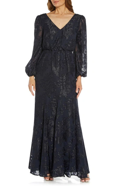 Shop Adrianna Papell Metallic Burnout Chiffon Long Sleeve Trumpet Gown In Light Navy