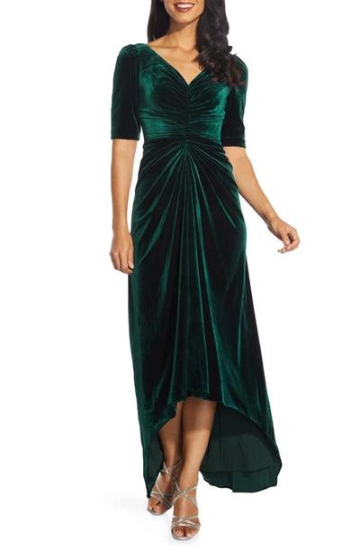 Shop Adrianna Papell Ruched Velvet High-low Gown In Emerald