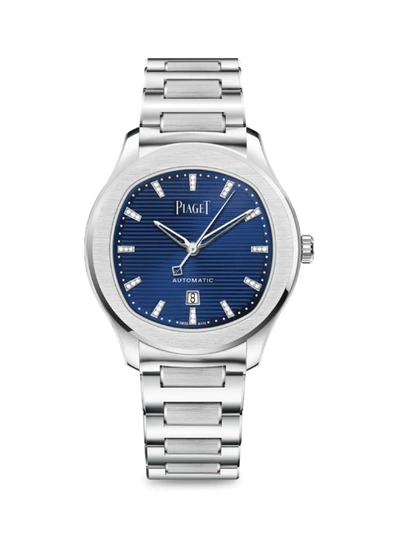 Shop Piaget Polo Blue Diamond & Stainless Steel Bracelet Watch In Navy