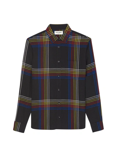 Shop Saint Laurent Shirt With Yves Collar In Check Wool In Black