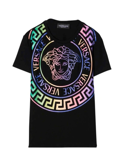 Shop Versace Black T-shirt With Multicolor Print Kids