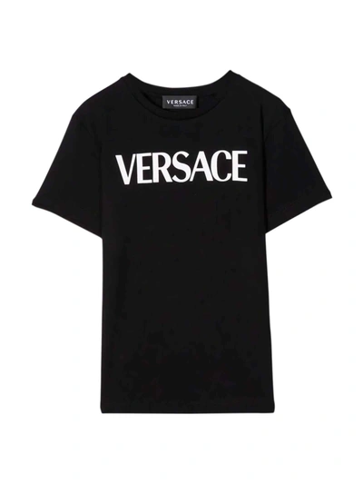 Shop Versace Black T-shirt With Multicolor Print And Logo Kids In Nero/bianco