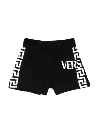 Shop Versace Black Bermuda Shorts With White Greca Print And Logo Kids In Nero/bianco