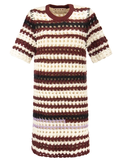 Shop Marni 3d Crochet Intarsia Dress With Irregular Stripes In Bordeaux
