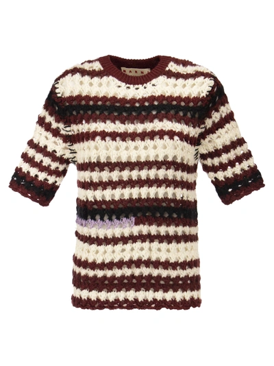 Shop Marni Striped Wool Blend Crochet Sweater In Bordeaux