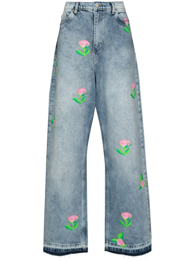 Shop Natasha Zinko Rose-print Wide-leg Jeans In Blau