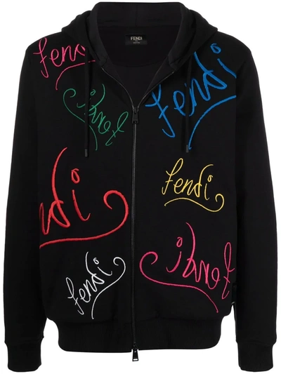 Shop Fendi X Noel Fielding Logo-embroidered Zipped Hoodie In Schwarz