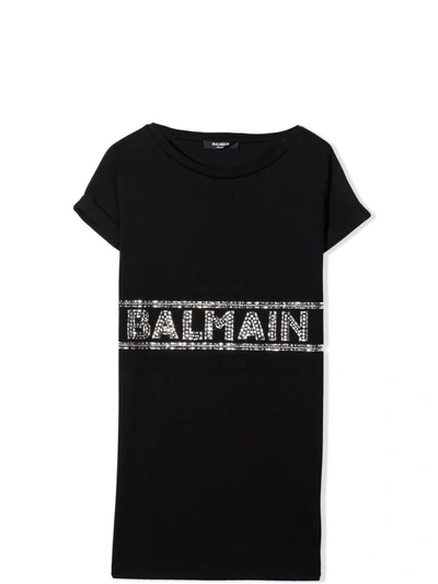 Shop Balmain T-shirt Dress With Rhinestones In Black