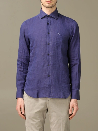 Shop Xc Linen Shirt With Italian Collar In Blue