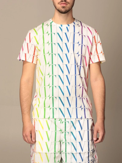 Shop Valentino Cotton Tshirt With Allover Multicolor Vltn Logo In White