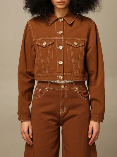 Shop L'autre Chose Cropped Jacket In Cotton In Tobacco