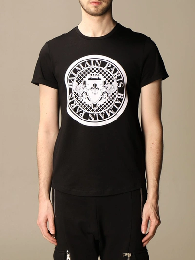 Balmain Crew Neck Black T-shirt With Graphic Print In Black