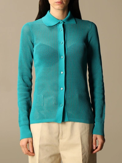 Shop Bottega Veneta Shirt In Mesh And Technical Cotton In Turquoise