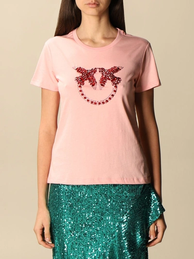 Shop Pinko Cotton Tshirt With Rhinestone Love Birds Logo In Blush Pink