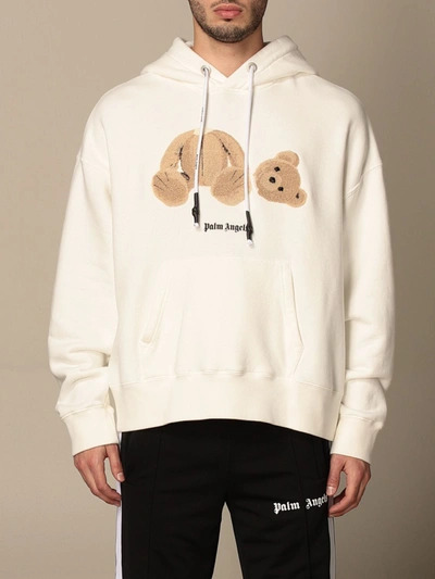 Shop Palm Angels Hooded Sweatshirt In Cotton With Bear Print In White