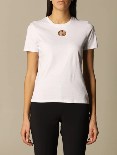 Shop Elisabetta Franchi Cotton Tshirt With Metallic Logo In White
