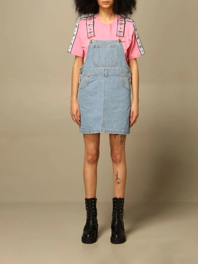 Shop Chiara Ferragni Denim Dungarees With Logoed Bands In Stone Washed