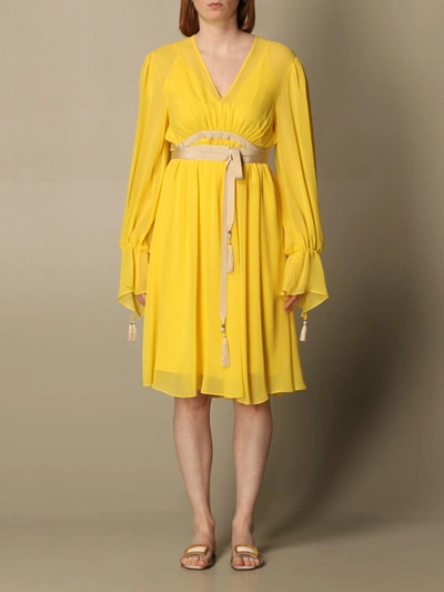 Shop Max Mara Silk Georgette Dress With Belt In Mustard